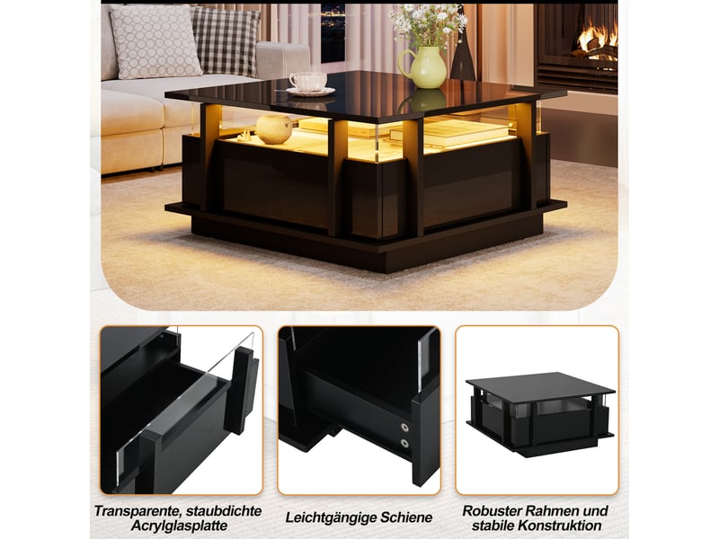 Table basse avec 2 tiroirs et led noir brillant 70 x 70 x 35 cm N625P383158B - Conforama D