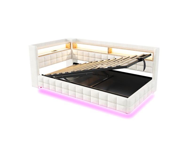  Lit canapé velours beige 90x200 cm avec rangement hydraulique, led, usb et étagère  - Conforama E