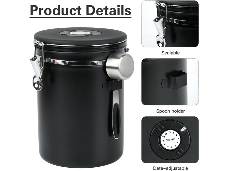  (noir) 2.8l boîte à café hermétique en acier inoxydable,récipient avec cadran de date et cuillère doseuse pour café, boite a cafe, pour café en grains OGS005635LL - Conforama C
