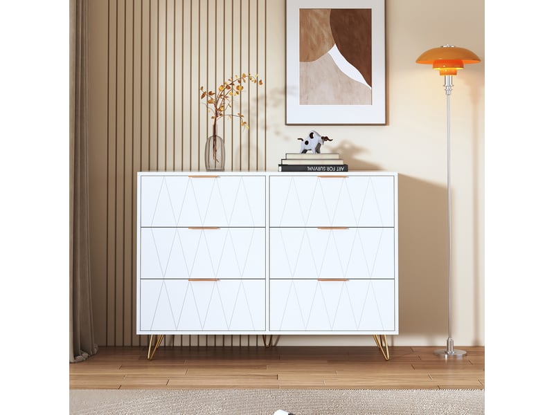 Commode chambre bois 100x34x72,5 cm, 6 tiroirs, meuble de rangement, anti-basculement, pieds en métal, style moderne luxe léger, blanc - Conforama D