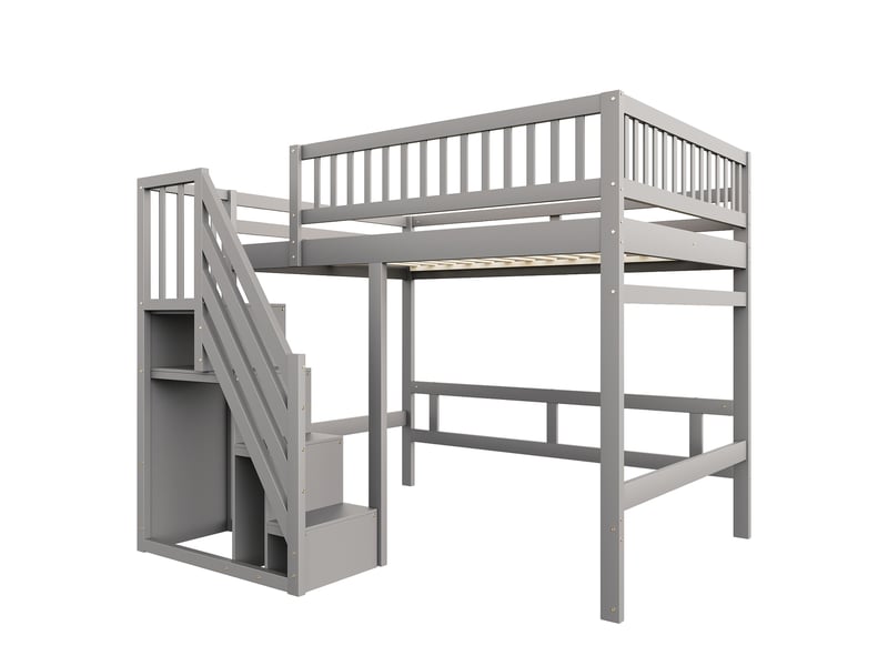  Lit mezzanine 140x200 cm en bois gris, escalier avec rangement et barrières hautes  - Conforama A