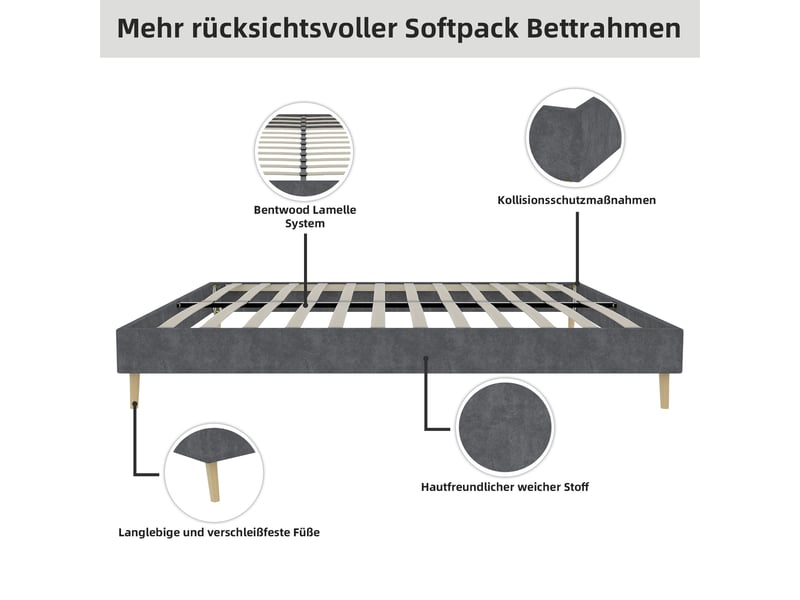  Cadre à lattes adulte 140x200 cm avec sommier, velours, gris, sans matelas ni tête de lit  - Conforama E