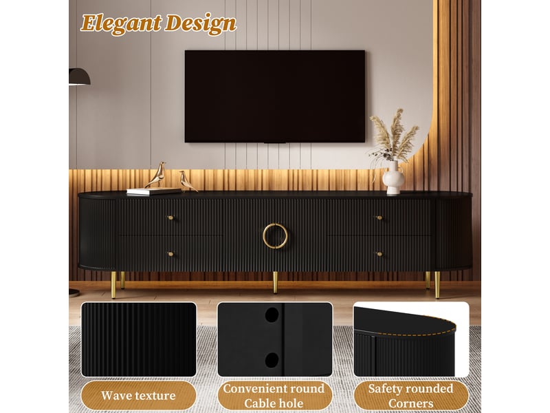  Meuble tv mdf, façade ondulée et bords arrondis, poignées aluminium, pieds en fer, tablette fixe et passe-câbles  - Conforama D