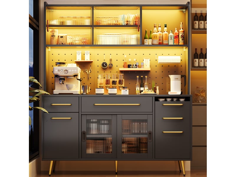 Meuble buffet rangement cuisine salon 145 cm noir mdf verre led portes coulissantes homvra - Conforama B