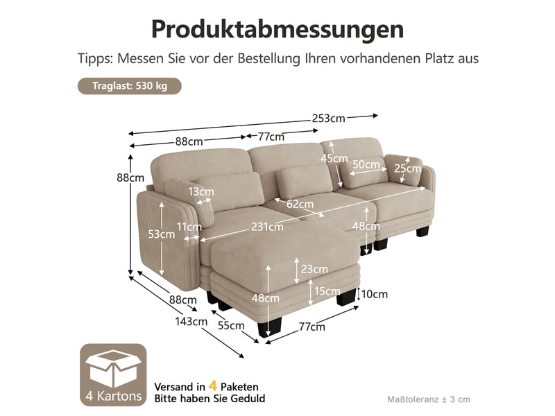  Canapé d’angle modulable 3 places 253x143x88 cm en chenille café clair  - Conforama C