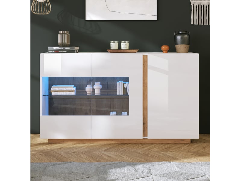 Buffet blanc brillant avec verre et éclairage led 138 x 38 x 90,5 cm - Conforama C