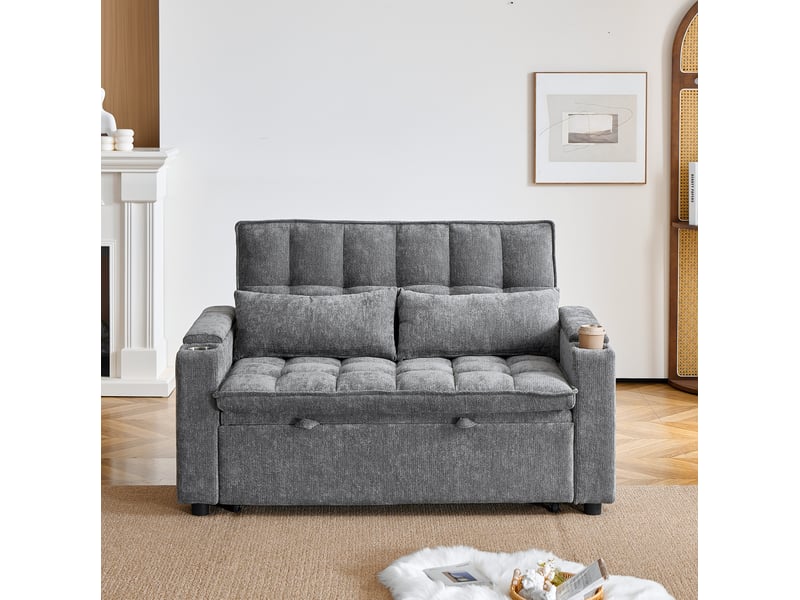  Canapé convertible 3-en-1, canapé 2 palces 142x89x89 cm en chenille gris avec rangements  - Conforama W
