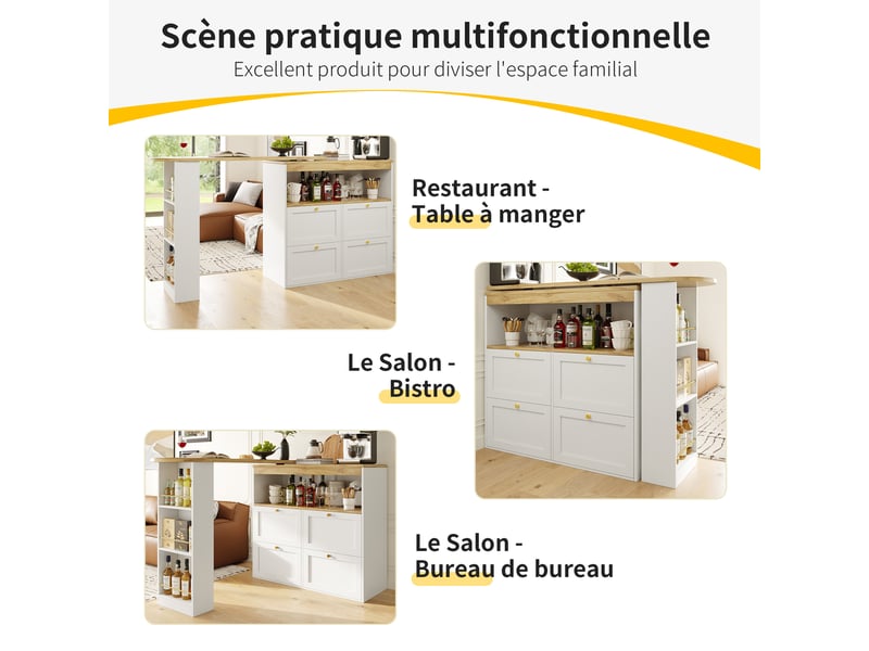  Table de bar 105 x 39 x 102 cm avec 4 tiroirs, rangements ouverts et plateau pivotant à 360°, blanc  - Conforama D