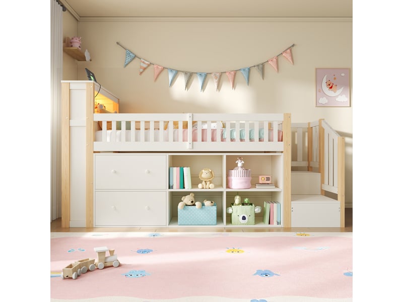  Lit mezzanine 90x200 cm – avec escalier rangement étagères led et usb – pin massif et mdf – naturel CozyNest - Conforama B