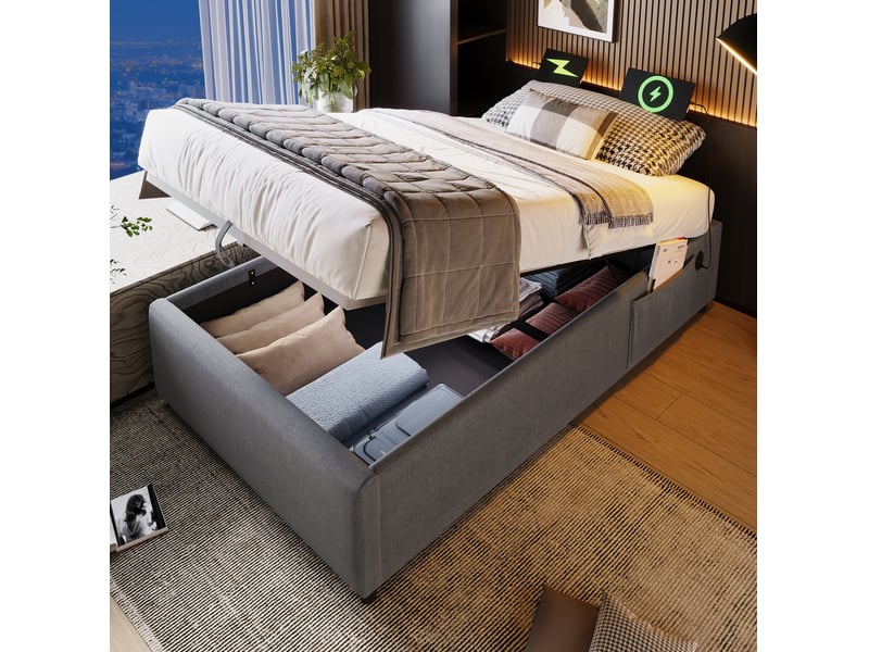  Sommier coffre 90x190cm, gris, avec poches latérales, charge, pour chambre, structure métallique, bois et revêtement coton-lin, sans matelas  - Conforama E