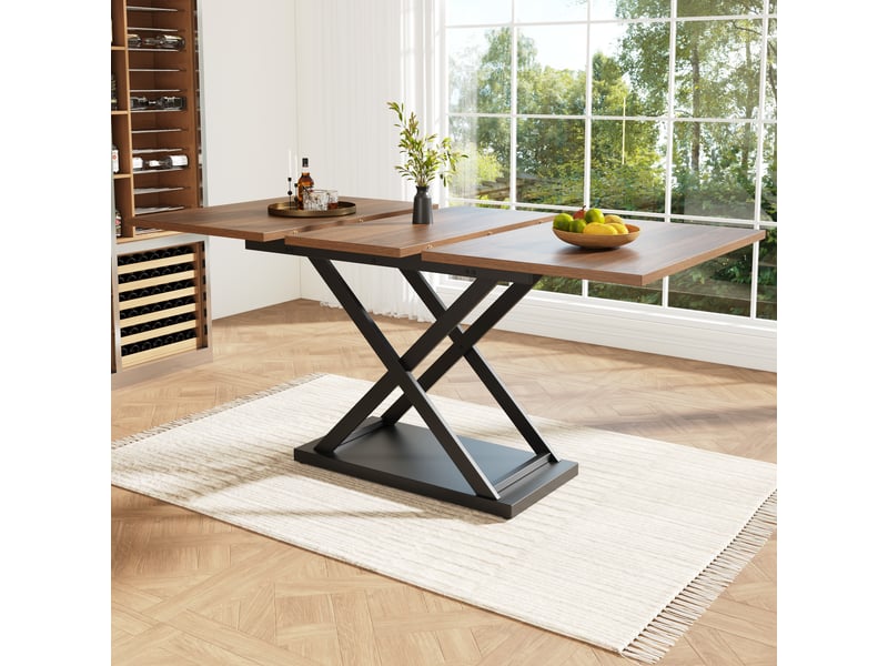 Table à manger rectangulaire extensible 120-160 x 80 cm, plateau mdf effet noyer, pieds croisés en métal noir, 6 à 8 places, design moderne - Conforama B