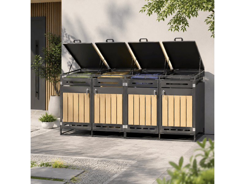 Lot de 4 coffres de jardin en fer avec couvercle hydraulique bardage aspect bois vertical ventilation à fentes longues et serrure - Conforama B