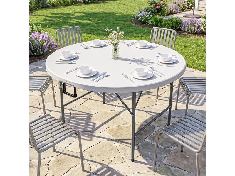  Table d'appoint ronde, table de jardin pliante avec structure en acier et plateau en pehd, capacité de charge 80 kg, ø 122 x 73 cm, blanche  - Conforama D
