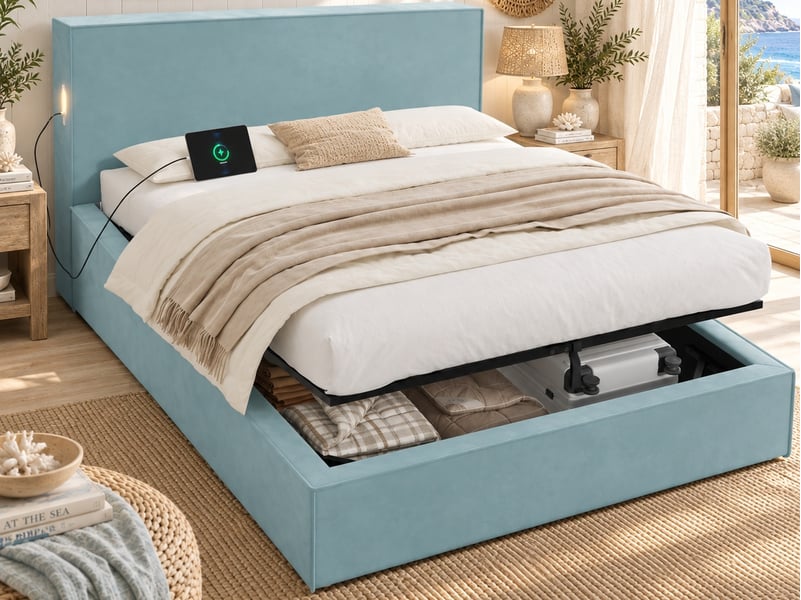 Lit rembourré 140 x 200 cm, avec coffre hydraulique, sommier lattes, tête de lit rembourrée, grand espace de rangement, velours bleu - Conforama B