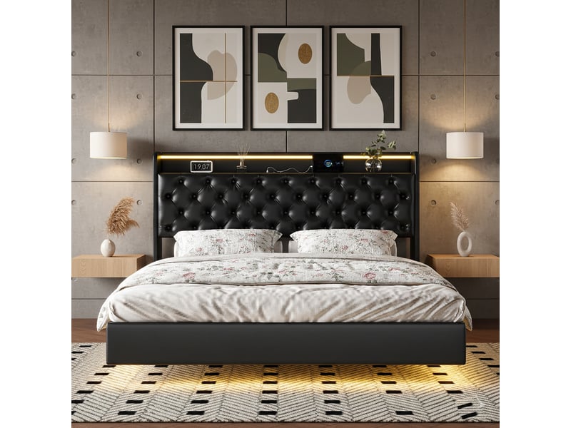  Lit coffre 160x200cm, lit double avec éclairage led, port usb et tete de lit avec espace de rangement dissimulé, cadre de lit avec sommier, pu noir lit capitonné  - Conforama C
