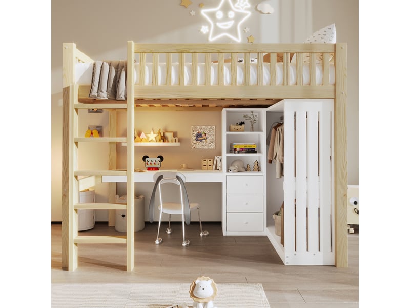 Lit mezzanine 140 x 200 cm avec bureau, armoire et 3 tiroirs intégrés, lit double en pin naturel avec rangements ouverts, escalier et garde-corps - Conforama C