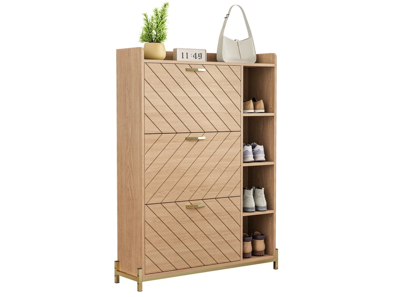  Meuble chaussures 90x24x119 cm, rangements ouverts, 3 portes abattantes, fermeture douce, en panneau mdf, naturel  - Conforama A