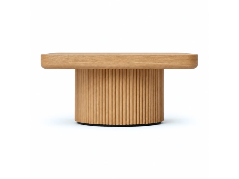  Table basse en bois naturel 78 cm, plateau carré arrondi, base cylindrique cannelée  - Conforama A