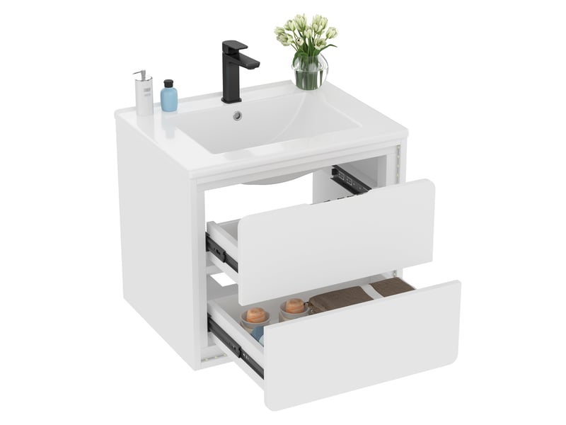  Meuble sous vasque suspendu avec 2 tiroirs et led à capteur radar, salle de bain, mdf et céramique, 60×46×50 cm, blanc  - Conforama A
