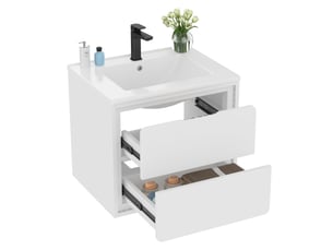 Meuble sous vasque suspendu avec 2 tiroirs et led à capteur radar, salle de bain, mdf et céramique, 60×46×50 cm, blanc