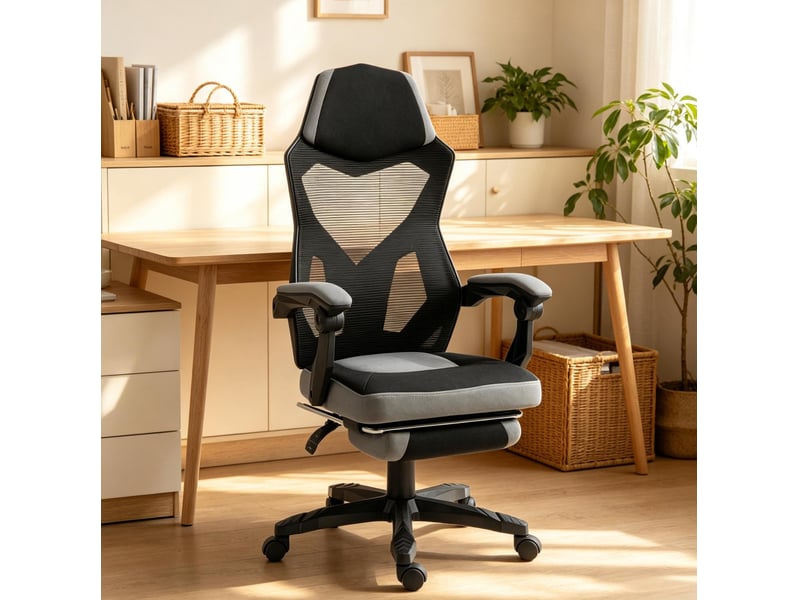  Chaise gaming de bureau haute avec repose-pieds rabattable, noir et gris  - Conforama D