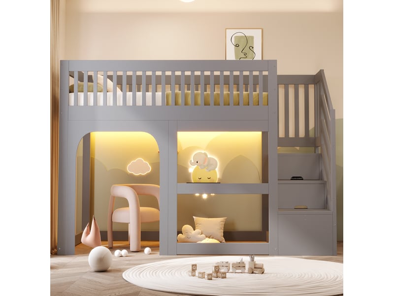  Lit mezzanine, 90x200 cm, avec escalier aménagé, led, garde corps de sécurité, sommier à lattes, bois, coloris gris  - Conforama E