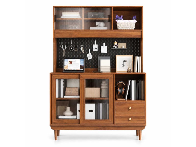 Buffet de cuisine 117x30x170 cm avec 4 portes coulissantes en verre cannelé, 2 tiroirs, panneau perforé, niches ouvertes, mdf effet noyer - Conforama A