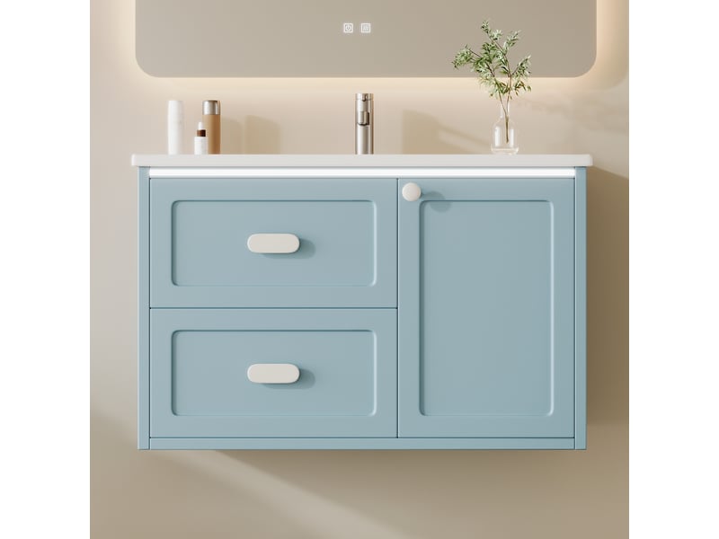  Meuble vasque suspendu avec led à détecteur et 2 tiroirs - lpospi - vasque intégrée en céramique mdf bleu 76 × 46 × 51 cm  - Conforama C