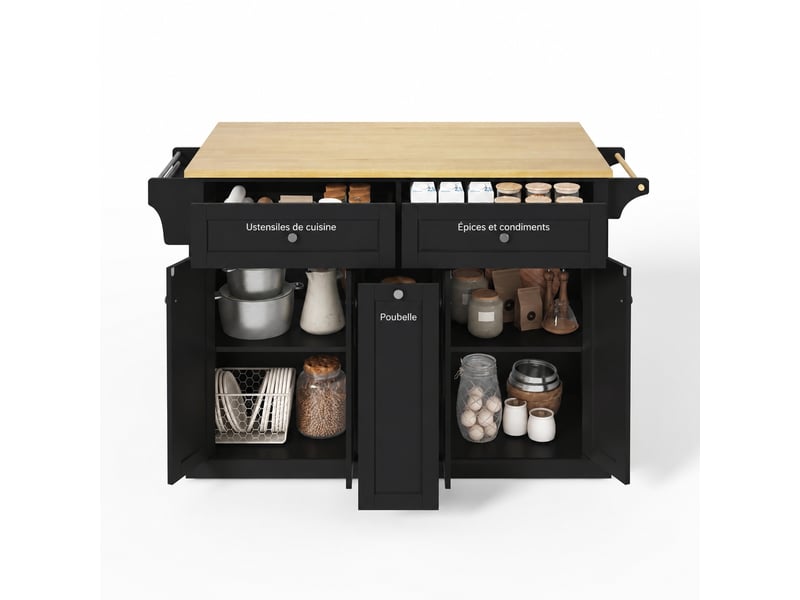 Îlot de cuisine mobile avec plan de travail rabattable, rangements et tiroirs, roulettes verrouillables, noir et bois clair - Conforama A
