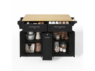 Îlot de cuisine mobile avec plan de travail rabattable, rangements et tiroirs, roulettes verrouillables, noir et bois clair