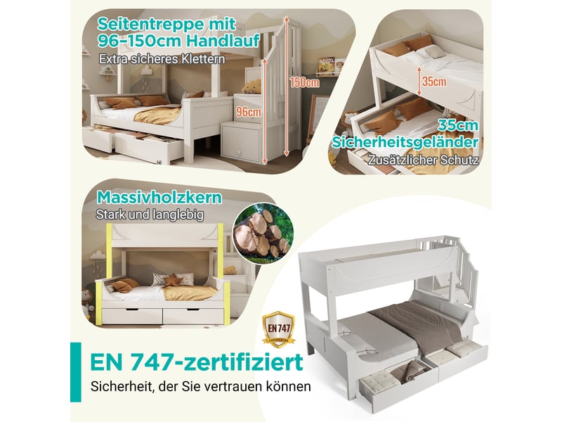  Lit superposé enfant 90x200 + 140x200 - armoire - tiroirs - échelle - barrière - boismétal - blanc Bubbly Shop - Conforama D