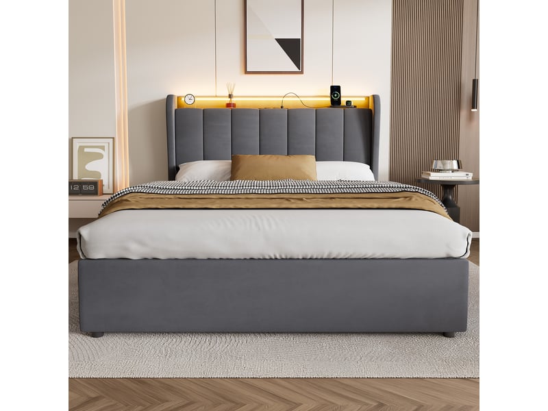 Lit rembourré 140 × 200 cm 2 places avec matelas et veilleuse, lit pour enfant avec prise électrique et coffre de rangement, grand espace de rangement, gris foncé - Conforama C
