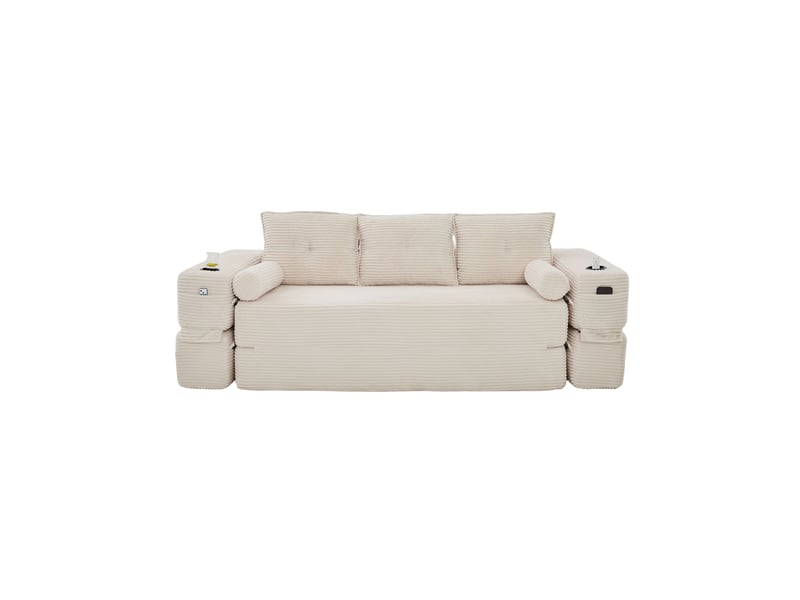 Canapé convertible 3 places 232x98x80 cm avec poches, porte-gobelets, design fonctionnel, pour salon, velours, beige - Conforama A