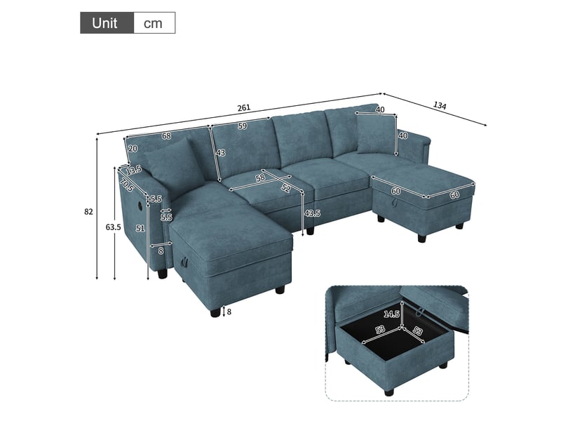  Canapé modulable 6 places bleu en tissu, 2 poufs de rangement et ports usbtype-c pour un salon moderne  - Conforama C