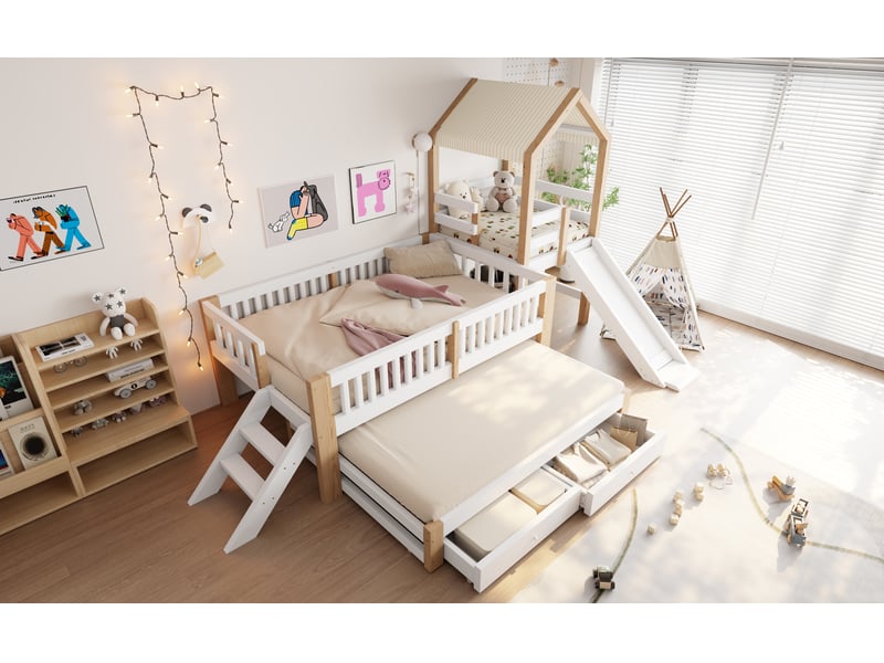  Lit enfant 90x200 avec lit gigogne 90x190 bois massif blanc et bois naturel toboggan escalier latéral et tiroirs Sol Morn - Conforama B