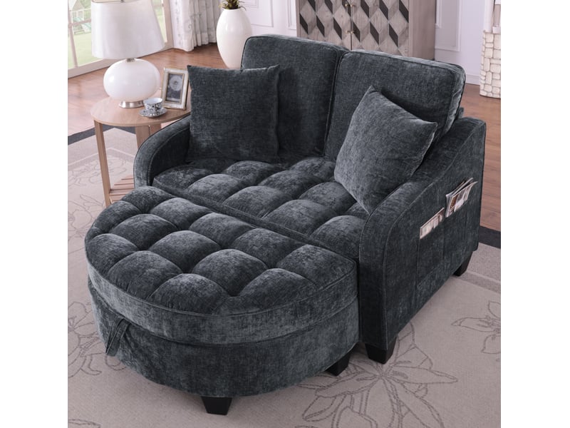 Canapé-lit 1 place convertible noir en chenille avec pouf de rangement  - Conforama B