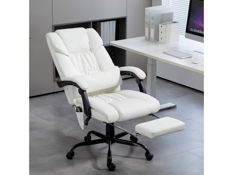  Fauteuil de bureau blanc avec massage 6 points, dossier haut, inclinable, hauteur réglable, repose-pieds et télécommande.  - Conforama C