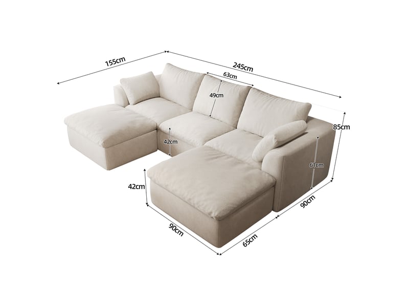 Canapé panoramique en u 5 places en tissu lin blanc beige, 245x155x83 cm  - Conforama C