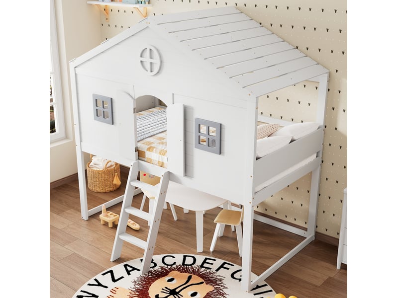  Lit mezzanine enfant 90x200 cm avec escalier et garde-corps, coloris blanc et gris  - Conforama D