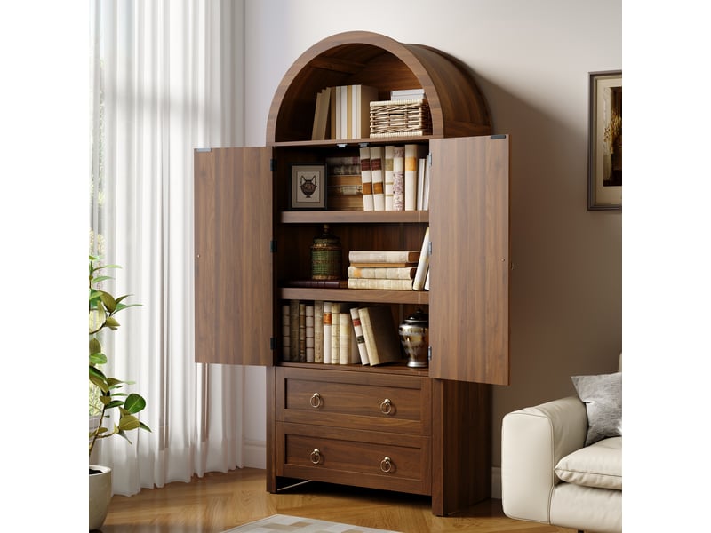 Armoire de rangement 80x40x180 cm, façades rotin, 2 tiroirs, étagères ouvertes, crochets latéraux, style vintage - noyer - Conforama D