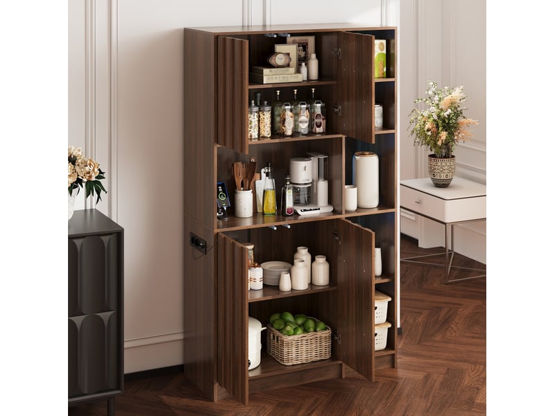  Buffet de cuisine haut avec 2 portes, niches ouvertes, led rgb et prises, pour cuisine en mdf 105 × 40 × 180 cm  - Conforama E