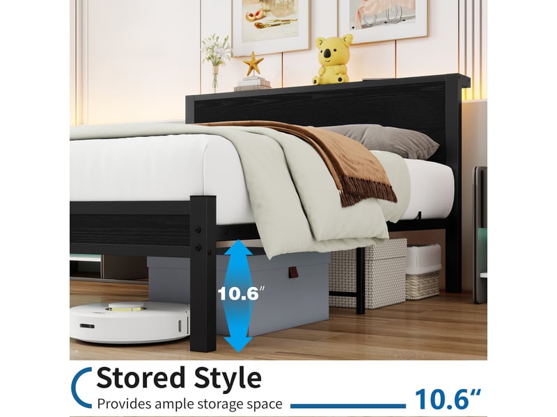  Lit simple 120 × 200 cm avec tête de lit à rangement, sans matelas, en mdf et métal, noir  - Conforama E