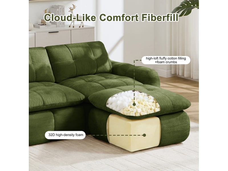  Canapé d'angle modulable 2 places avec ottoman sans cadre, en chenille verte  - Conforama D