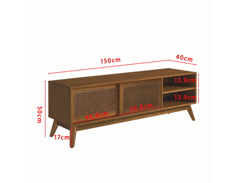  Meuble tv 59 pouces mid-century rotin, pour tv 65 pouces, pieds bois massif et portes rotin - finition noyer clair  - Conforama C