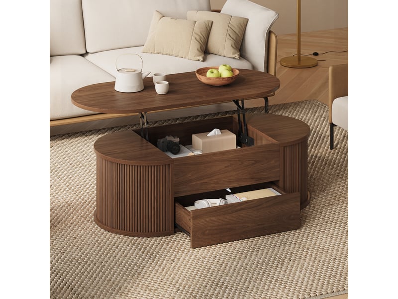  Table basse relevable 100x50x35 cm avec mécanisme hydraulique, 1 tiroir push-to-open et rangement caché, table de salon ovale en mdf, effet noyer Seren Glow - Conforama B