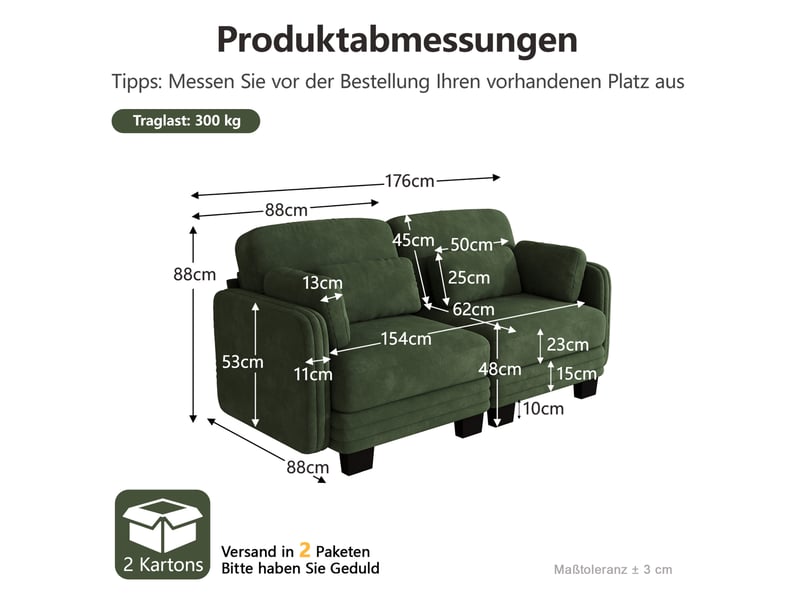 Canapé droit modulaire 2 places en chenille vert avec coussins lombaires et d’accoudoir  - Conforama C