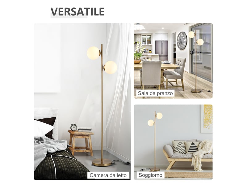  Lampadaire doré à 2 lumières avec globes en verre, interrupteur à pédale et douilles e27 pour salon ou chambre  - Conforama D