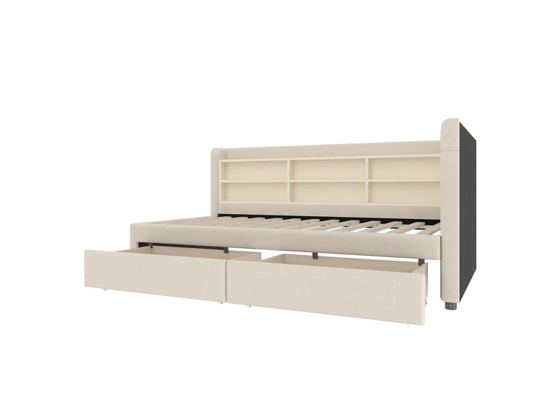 Lit enfant 90x200 cm avec 2 tiroirs, usb type-c et étagères, lin et mdf, beige, sans matelas - Conforama D