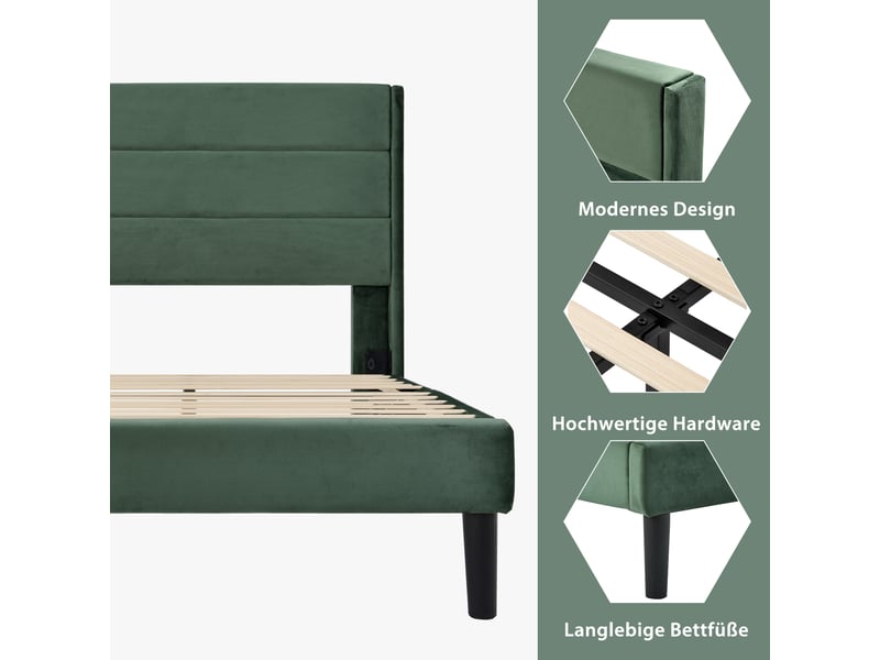 Lit enfant 90x200 cm, tête de lit, sommier, design minimaliste, velours vert, sans matelas  - Conforama D