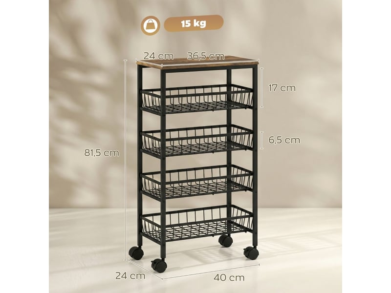  Desserte de cuisine 4 niveaux chariot de cuisine à paniers coulissants rangement intégré sur roulettes meuble de cuisine  - Conforama C